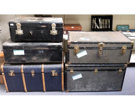 Five vintage travelling trunks including a large ash bound steamer trunk, width 91cm