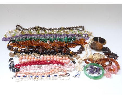 A group of necklaces including malachite, amber, pearl and agate, Victorian agate brooch, jet bracelet etc 