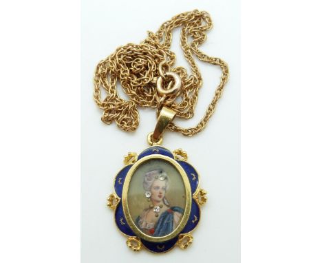 An 18ct gold pendant set with a portrait miniature with blue enamel to the border, 2.5g on a 9ct gold chain, 3.3g