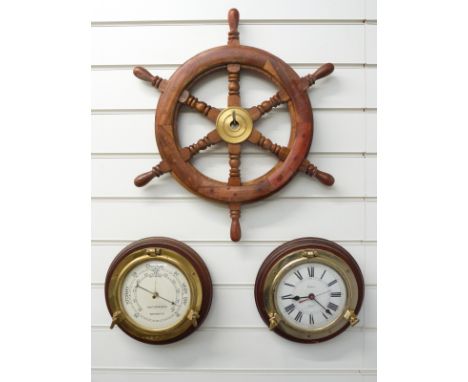 Nautical themed porthole barometer, clock and ship's wheel