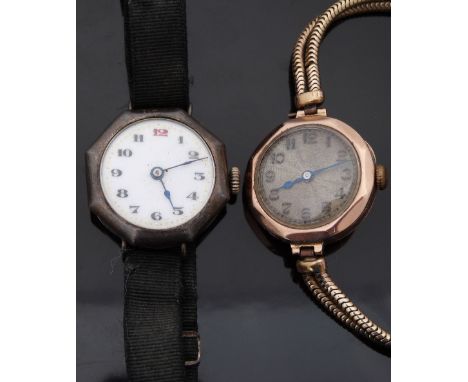 Ladies 9ct gold wristwatch with blued hands, Arabic numerals and engine turned face, case diameter 25mm, together with a simi