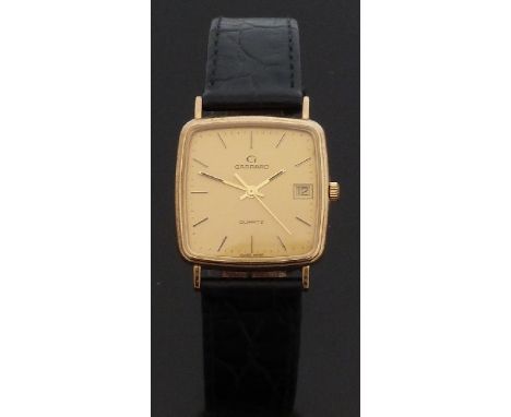 Garrard gentleman's 9ct gold quartz wristwatch with self coloured dial baton numerals date aperture and seconds sweep on blac
