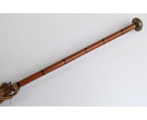 A 19thC/20thC parasol with opalescent glass and brass handle and pokerwork cane stick, 90cm