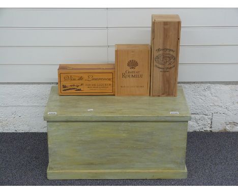 Painted wooden trunk with twin handles W67cm together with wine boxes