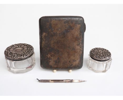 Hallmarked silver card case 103g, two silver topped dressing table pots and a propelling tooth pick marked sterling silver