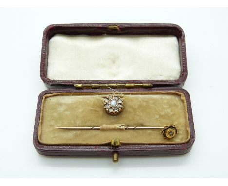 Victorian stud set with a pearl surrounded by rose cut diamonds and a 15ct gold stick pin set with a diamond, in original box