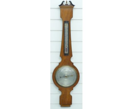 Early 20thC Comitti Holborn aneroid barometer / thermometer in banjo style case with swan neck pediment, the silvered dial wi