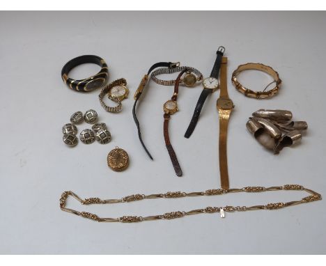 A quantity of costume watches, bamboo bangle, silver tops for walking sticks, locket etc 