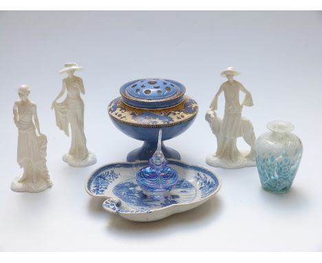 Three Royal Worcester figurines, a Mdina vase, glass perfume bottle, flower frog etc 