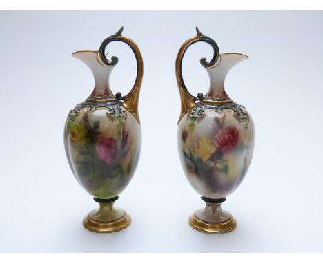 Royal Worcester Hadley Ware pair of  pedestal ewers hand-decorated with flowers, 21cm tall