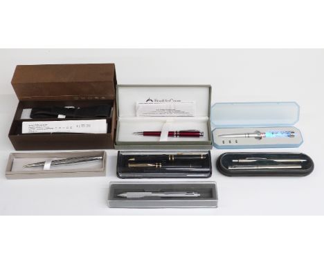 Eight fountain and ballpoint pens and pen sets including Cross, Franklin Covey, Pentel etc, all in original boxes. 