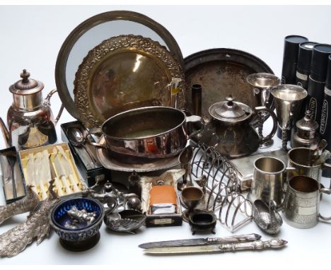 Large quantity of plated ware including salvers, tea ware, salts, James Dixon patent teapot, cigarette box, goblet, sifter, t