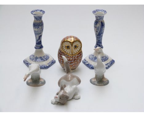 Spode Italian candlesticks, Royal Crown Derby owl paperweight, Lladro etc