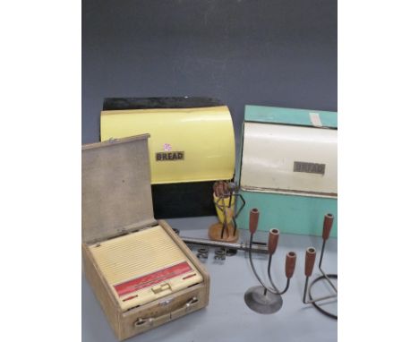 Quantity of retro items including bread bins, thermometer, radio, figural cache pot etc