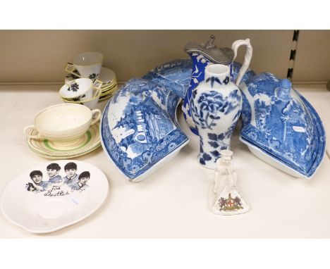 Collection of 19thC transfer printed serving dishes, Foley China teaware, Beatles plate, crested WWI machine gunner, Chinese 