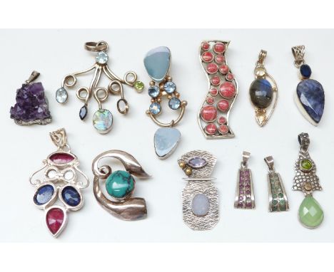 Twelve silver pendants including sapphire set, ruby, amethyst, coral, emerald, turquoise etc 