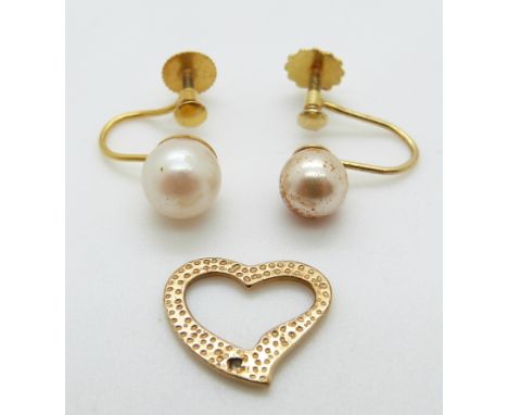 A pair of 9ct gold earrings set with a pearl to each by Lotus and a 9ct gold heart set with a diamond, 2.3g