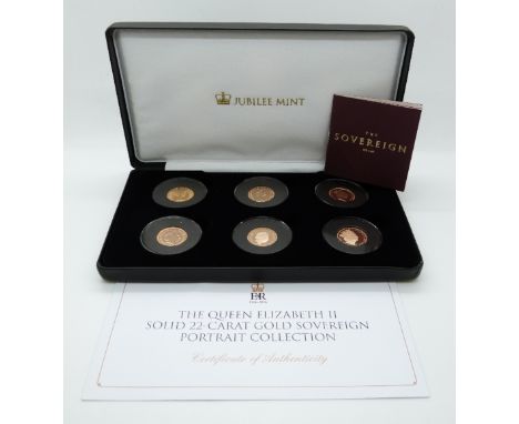 Jubilee Mint Queen Elizabeth II gold sovereign portrait collection, comprising six proof gold full sovereigns with certificat