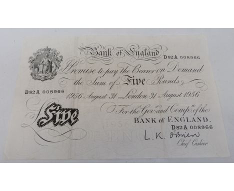 Bank of England white £5 note D82A008966 dated August 31st London, cashier L K O'Brien