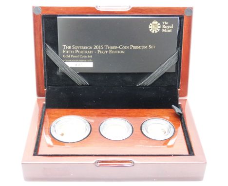 The Royal Mint proof gold sovereign fifth portrait three coin collection 2015 comprising double, full and half sovereign, cas