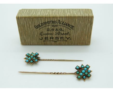 Victorian pair of 9ct gold stick pins set with turquoise in a star design, 3.15g