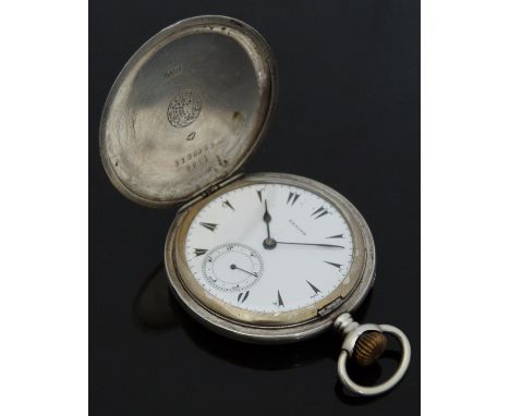 Zenith full hunter keyless winding silver pocket watch with arrow hour markers, inset subsidiary seconds dial, blued hands ca