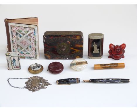 Collectables including Parker Duofold fountain pen, netsuke, mother-of-pearl book etc