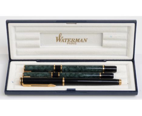 Waterman Ideal fountain and ballpoint pen set with green marbled barrels and caps and gold plated fittings in original box to