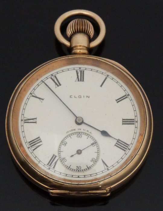 Elgin gold plated open faced keyless winding pocket watch with Roman