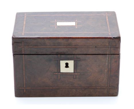 A 19thC burr walnut or similar inlaid two division tea caddy, width 8cm