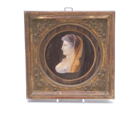 Victorian handpainted ceramic plaque 'Psyche' in gilt wood frame "Bemrose Derby" in pencil verso, frame 19cm square