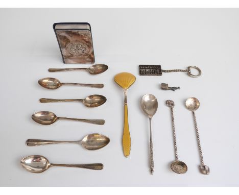 Set of six hallmarked silver coffee spoons, weight 53g, Norwegian yellow guilloché enamel spoon marked sterling, hallmarked s