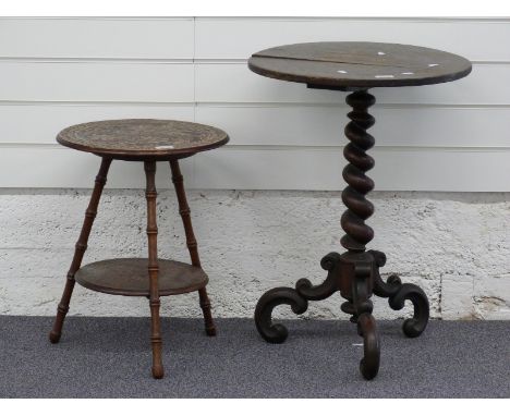 A 19thC tripod table with corkscrew support H66 and an Eastern style table 