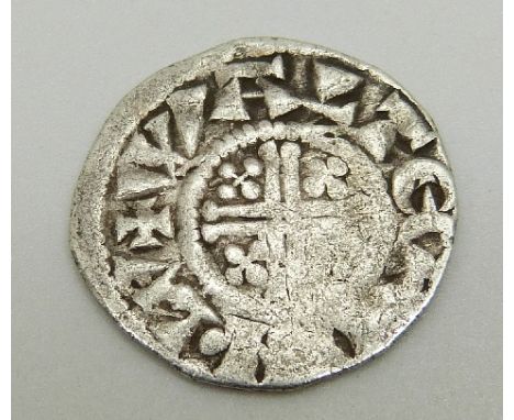 Henry III 1216-1272 hammered silver penny, obverse degraded portrait, cross pommee type, reverse wedge shaped cross mint mark