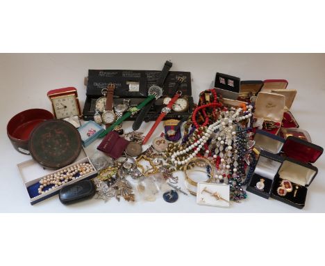 A collection of costume jewellery including beads, pocket watches, watches, brooches, snuff box etc 