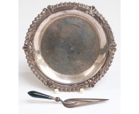 Hallmarked silver bookmark in the form of a miniature trowel and a hallmarked pin dish, diameter 9.5cm, weight 39g