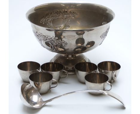 Large plated pedestal punch bowl, diameter 30cm, ladle and cups. 