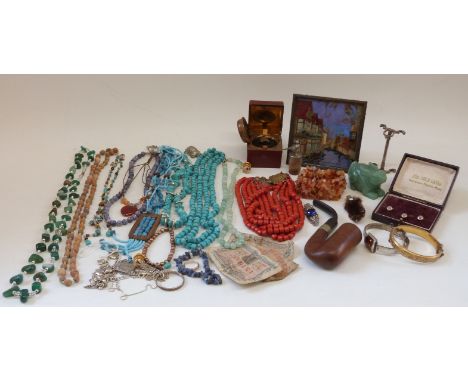 A collection of costume jewellery to include agate necklaces, white metal bangle, a butterfly wing picture etc 