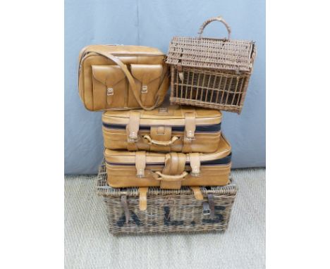 Large wicker hamper W77cm, further similar basket and a graduated set of three suitcases