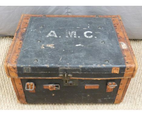 Vintage leather-bound travelling trunk W61cm