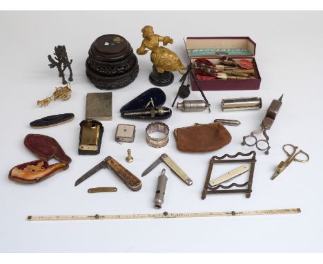 Collectable items including folding ruler, collapsible knife rest, brass dog tag 'Brown Mill House, Cuddington, Bucks', Acme 