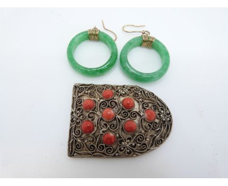 A pair of jadeite earrings and silver item set with coral marked China