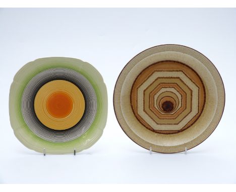 Poole Pottery Vortex pattern shallow charger, diameter 25cm, and an Art Deco Fryer and Son Meritas Ware plate  