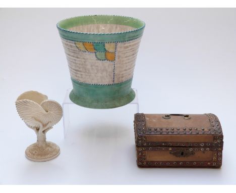 Crown Ducal jardiniere in the Charlotte Rhead style, 20cm tall, nautilus shell cache pot, probably Royal Worcester, and a stu
