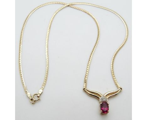 A 9ct gold necklace set with an oval synthetic ruby and diamonds, 5.5g