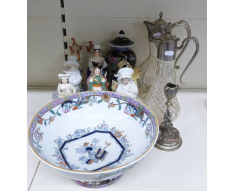 Large pedestal ironstone punch bowl, Staffordshire figures, Chinese famille noir vase and cover, plated ewers and a 19thC pla