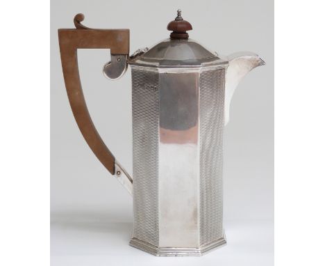 Geroge V hallmarked silver Art Deco hot water jug of octagonal form with engine turned decoration, Birmingham 1924 maker Wilm