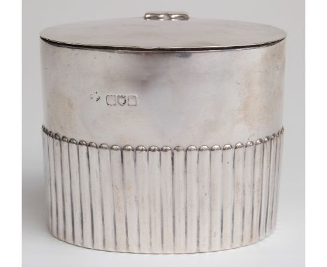 Victorian hallmarked silver oval tea caddy with fluted decoration, London 1898 maker William Hutton & Sons Ltd, height 8.5cm,