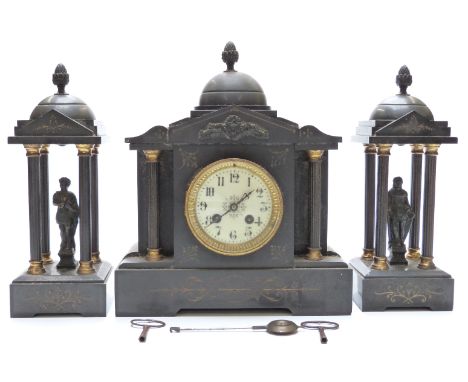 A 19thC slate mantel clock garniture in Romanesque classical architectural design, the ivory coloured Arabic enamelled dial w