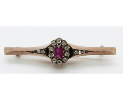 Victorian brooch set with a ruby surrounded by rose cut diamonds, 5.43g, L5cm